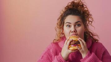 ein Frau isst ein Hamburger, ungesund Essen, isoliert Hintergrund foto