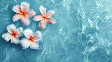 tropisch Blumen im ein oben Aussicht schwebend Über ein Hintergrund von Blau Wasser foto