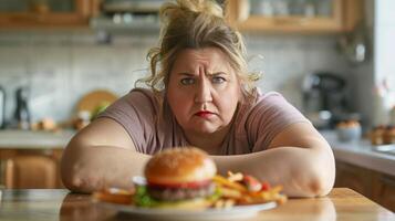 ein Fett Frau sitzt verärgert im Vorderseite von das Tabelle voll von ungesund Produkte foto