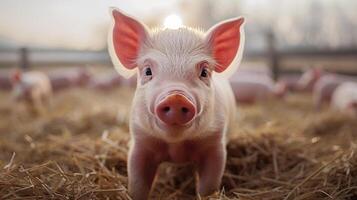 klein Schwein Stehen auf Stapel von Heu foto