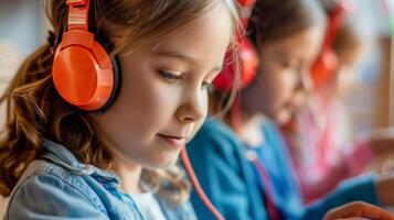 ein jung Schüler konzentriert auf ihr Tablette mit Kopfhörer während ein Klassenzimmer Lektion. foto