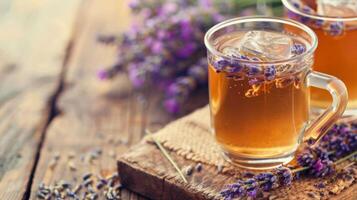 zwei Tee Tassen mit Lavendel auf hölzern Tabelle foto