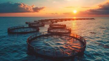 Sonnenuntergang Über Ozean Fisch Bauernhof mit schwebend Käfige zum Lachs Aquakultur und Meeresfrüchte Produktion foto