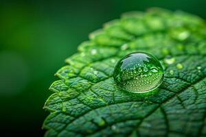 Makro Foto von Wasser Tröpfchen auf Grün Blatt. Natur, Betrachtung, und Frische