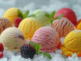 sortiert bunt Eis Sahne Schaufeln mit frisch Beeren und Minze Blätter. köstlich Sommer- Dessert oder gefroren behandeln mit Vielfalt von Aromen auf Eis Hintergrund. foto