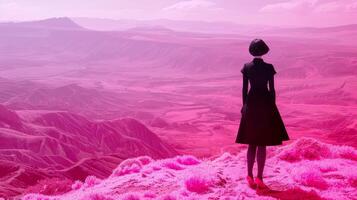 Frau im schwarz Kleid und Absätze Anzeigen ein Rosa und lila surreal Landschaft foto