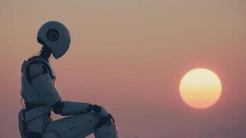 einsam futuristisch Roboter sitzt beim Sonnenuntergang, Nachdenken Existenz, künstlich Intelligenz und das Zukunft von Menschheit. foto
