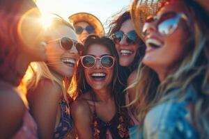 Gruppe von vielfältig Frauen freunde Lachen und lächelnd zusammen beim ein Musik- Festival, genießen das Sommer- Sonnenschein und positiv Schwingungen. foto