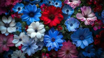 beschwingt Blumen- Tapisserie. ein Kaleidoskop von bunt blüht, Blütenblätter, und Farbtöne foto