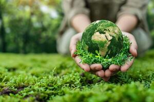 Kinder Hände Umarmung Grün Erde Globus im üppig Wald Einstellung. ein Symbol von Umwelt Pflege und Nachhaltigkeit foto