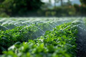 Kartoffel Bauernhof Feld bewässert durch ein Wasser Sprinkler System, nachhaltig Landwirtschaft mit Bewässerung Technologie zum Ernte Wachstum foto