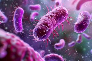 mikroskopisch Aussicht von Rosa Bakterien oder Virus Zellen verursachen ansteckend Krankheiten, Gesundheit und medizinisch Forschung Konzept foto
