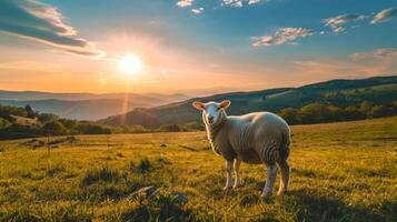 einsam Schaf beim Sonnenuntergang. pastoral Landschaft mit Weiden lassen Bauernhof Tier foto