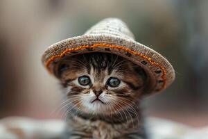 bezaubernd Tabby Kätzchen tragen ein Stroh Hut, ein Porträt von katzenartig Niedlichkeit foto