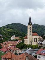 schön Hang Stadtbild, st Nikolaus Gemeinde Kirche im Krapina, Kroatien, hrvatsko Zagorje, Gebäude und die Architektur Hintergrund, Hintergrund foto