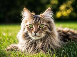 schön Tabby Maine Waschbär Katze Lügen auf das Gras foto