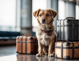 süß Hund warten zum Flug beim das Flughafen. Reise Konzept. foto