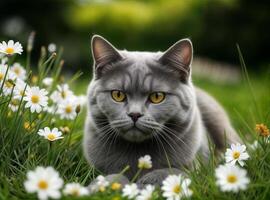 britisch kurzes Haar Katze Lügen im das Gras mit Gänseblümchen. foto