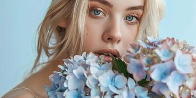 weiblich Modell- posieren mit Blau Hortensie Blumen Mode Porträt, ai foto