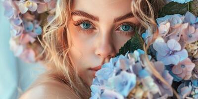 weiblich Modell- posieren mit Blau Hortensie Blumen Mode Porträt, ai foto