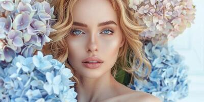 weiblich Modell- posieren mit Blau Hortensie Blumen Mode Porträt, ai foto