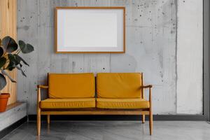 Designer Innere von ein Zimmer im minimalistisch Stil. Gelb Sofa, Anlage, Rahmen Gemälde Attrappe, Lehrmodell, Simulation foto