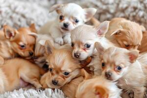 ein Bündel von Hell gefärbt Chihuahua Welpen im ein Sanft flauschige Decke. süß Hunde schließen zu jeder andere foto