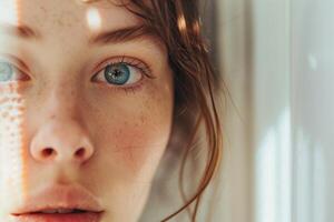 Porträt von ein Mädchen Gesicht mit Sommersprossen und Blau Augen. Nahansicht Schuss foto
