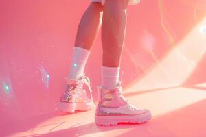 schön weiblich Beine mit glänzend Turnschuhe und Weiß Socken auf ein Rosa Hintergrund. glamourös schick und schimmern von Sonnenlicht foto