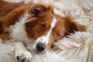 das Rand Collie Rasse Lügen auf ein flauschige Teppich, Tagesdecke. das Hund ist ruhen foto