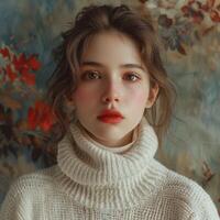 jung süß asiatisch Mädchen tragen Weiß Rollkragen Pullover, ai foto