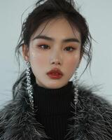 asiatisch Mädchen mit Diamant Nahansicht Mode Porträt Studio Beleuchtung, ai foto