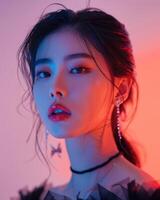 asiatisch Mädchen mit Diamant Nahansicht Mode Porträt Studio Beleuchtung, ai foto