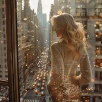 blond Mode Mädchen Gold Kleid Strickjacke Gehen in der Nähe von Fenster Wohnung, ai foto