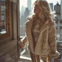 blond Mode Mädchen Gold Kleid Strickjacke Gehen in der Nähe von Fenster Wohnung, ai foto