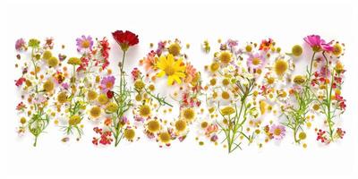 Wildblumen Dekoration Blumen- Flatlay auf Weiß Hintergrund foto