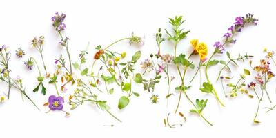 Wildblumen Dekoration Blumen- Flatlay auf Weiß Hintergrund foto