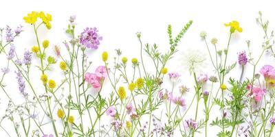 Wildblumen Dekoration Blumen- Flatlay auf Weiß Hintergrund foto