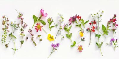 Wildblumen Dekoration Blumen- Flatlay auf Weiß Hintergrund foto