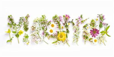 Wildblumen Dekoration Blumen- Flatlay auf Weiß Hintergrund foto