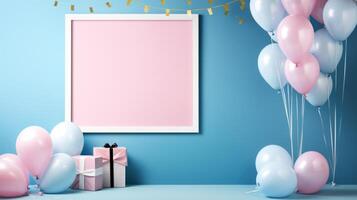 Geschlecht verraten Geburtstag Party Rahmen Blau und Rosa Luftballons, ai foto