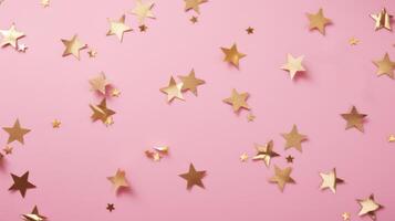 Gold Star Konfetti auf ein Rosa Hintergrund mit Raum zum Text. Banner, Poster, ai foto