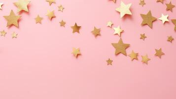 Gold Star Konfetti auf ein Rosa Hintergrund mit Raum zum Text. Banner, Poster, ai foto