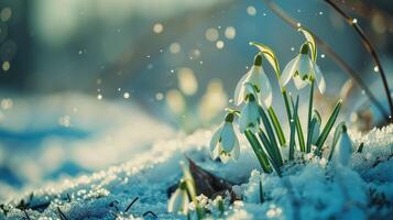 Schneeglöckchen Blumen im Schnee gegen Blau Bokeh Hintergrund. Frühling blüht im Wald mit verschwommen Hintergrund foto