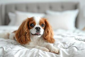 süß Hündchen Kavalier König Spaniel Lügen auf Bett im Zimmer. klein Ingwer Hund auf Weiß Decke suchen beim Kamera. foto