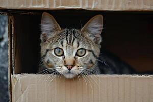 süß Tabby Kätzchen suchen im Karton Box foto