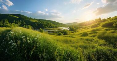 idyllisch Sommer- Landschaft mit Wiese, Panorama von Landschaft. Landschaft mit grasig Feld. ländlich Landschaft foto