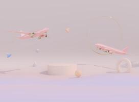 Rosa Flugzeug fliegend im das Himmel mit geometrisch abstrakt . Flugzeug nehmen aus und Pastell- Hintergrund. Fluggesellschaft Konzept Reise Flugzeug Passagiere. Werbung Idee. foto