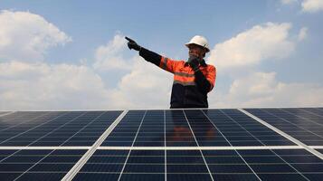 Senior Ingenieur macht Bedienung und Instandhaltung Solar- Paneele zum KMU und Häuser, Solar- Installation und Service, Öko Grün Energie foto