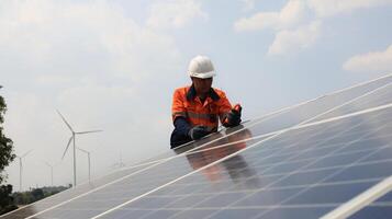 Senior Ingenieur macht Bedienung und Instandhaltung Solar- Paneele zum KMU und Häuser, Solar- Installation und Service, Öko Grün Energie foto